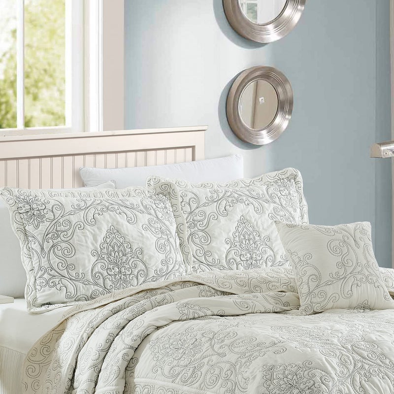 Home Soft Things Damask 4 Piece Bedspread Set, Scalloped Edge Reversible Coverlet Comforter Prewashed Bedding Set, Matelasse Embossed Floral Solid Pattern,Antique White Oversize King(120" x 120") - Image 2